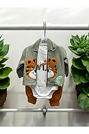 Mc. Elci Baby Erkek Bebe Kaplan Baskılı 3'lü Zıbın Takım