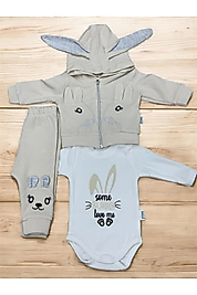 Mc. Elci Baby Kız Bebe Tavşan Kulaklı 3'lü Zıbınlı Takım