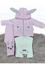 Mc. Elci Baby Kız Bebe Tavşan Kulaklı 3'lü Zıbınlı Takım